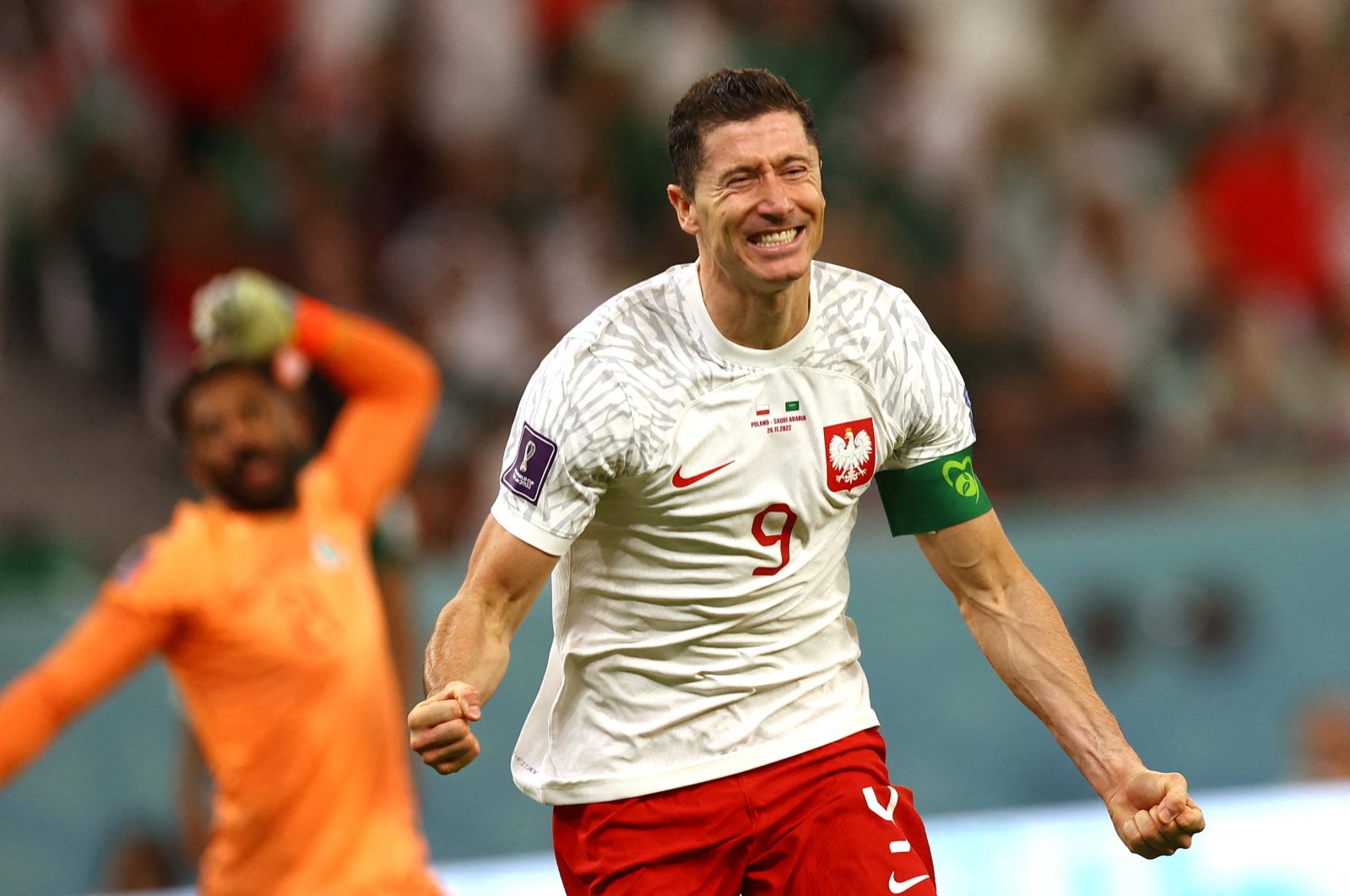 Poland&#039;s Robert Lewandowski celebrates scoring their second goal during the FIFA World Cup Qatar 2022 Group C match between Poland and Saudi Arabia, at the Education City Stadium, in Al Rayyan, Qatar, Nov. 26, 2022. (Reuters Photo)