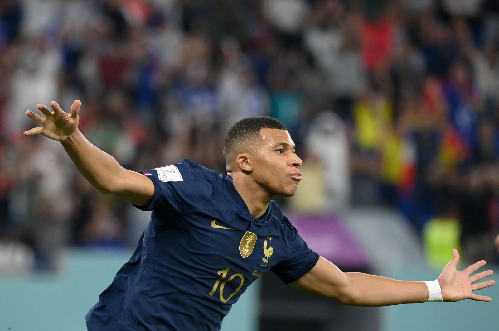 France&#039;s Kylian Mbappe celebrates after scoring his team&#039;s second goal during the Qatar 2022 World Cup Group D football match between France and Denmark, at Stadium 974, in Doha, Qatar, Nov. 26, 2022. (AFP Photo)