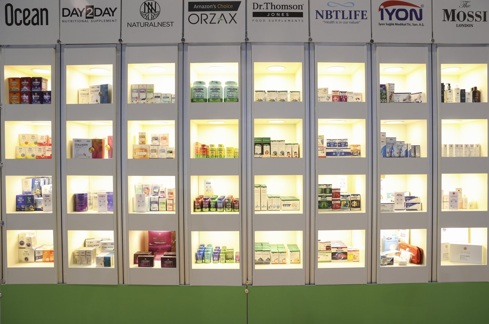 Halal products line a display at the 8th World Halal Summit and the 9th Organization of Islamic Cooperation (OIC) Halal Expo Fair held under the auspices of the Presidency, Istanbul, Türkiye. (AA Photo)