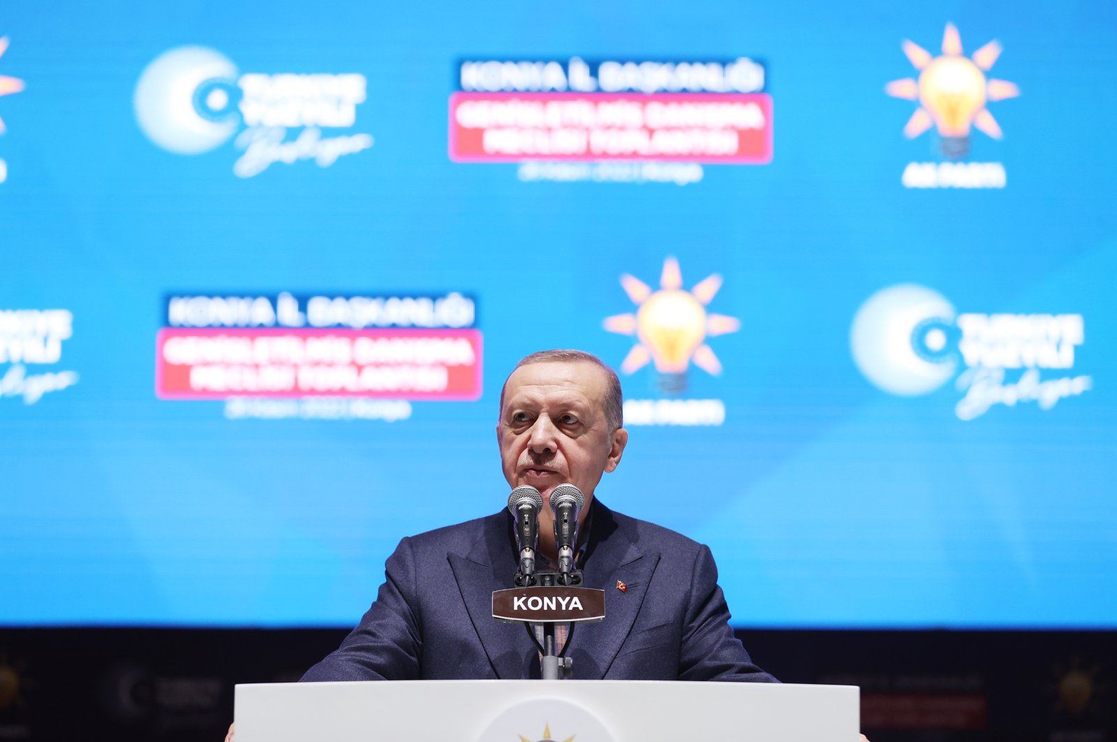 President Recep Tayyip Erdoğan speaks during a meeting of his Justice and Development (AK) Party&#039;s Provincial Advisory Council, in Konya, Türkiye, Nov. 26, 2022. (AA Photo)