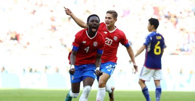 Costa Rica's Keysher Fuller celebrates scoring their first goal with Brandon Aguilera in the Japan vs. Costa Rica match at the Ahmad Bin Ali Stadium, Al Rayyan, Qatar, Nov. 27, 2022. (Reuters Photo)