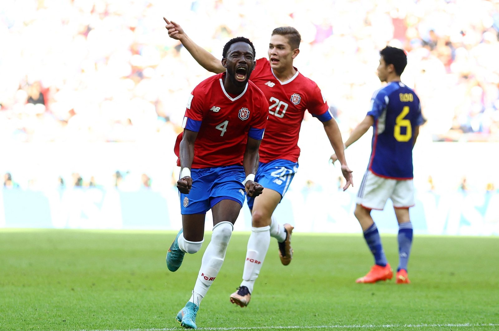 Costa Rica&#039;s Keysher Fuller celebrates scoring their first goal with Brandon Aguilera in the Japan vs. Costa Rica match at the Ahmad Bin Ali Stadium, Al Rayyan, Qatar, Nov. 27, 2022. (Reuters Photo)