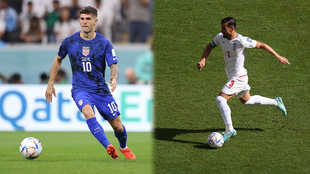 Collage of USMNT player Christian Pulisic and Iran&#039;s Ehsan Hajsafi ahead of the Iran vs. U.S. World Cup match. (Getty Images Photo)
