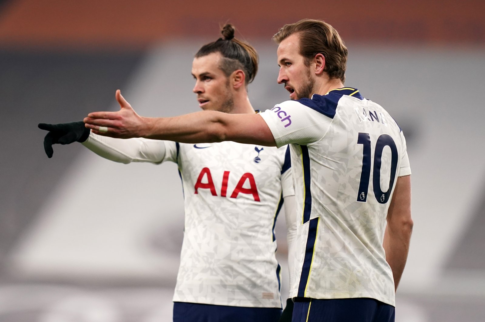 Tottenham Hotspur&#039;s Gareth Bale (behind) and Harry Kane gesture during the Premier League match at the Tottenham Hotspur Stadium, London, March 7, 2021. (Getty Images Photo)
