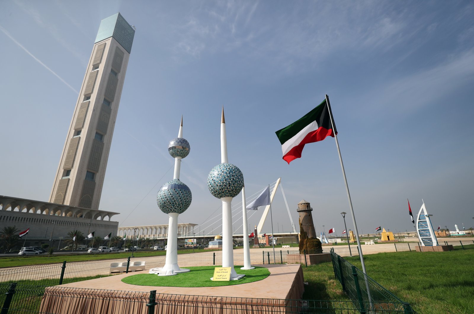 The big model of the Kuwait Towers and Kuwait flag exhibited in Algiers, Algeria, Oct., 30, 2022. (EPA Photo) 