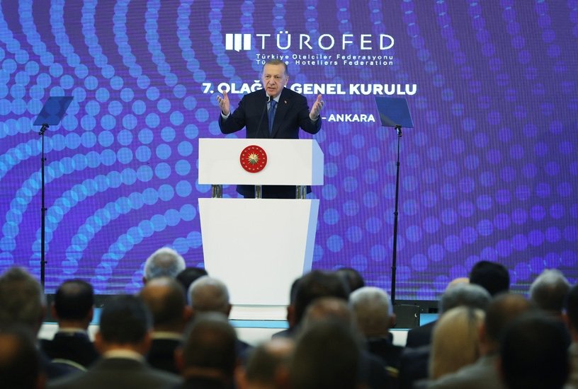 President Recep Tayyip Erdoğan speaks during the 7th Ordinary General Assembly of the Turkish Hoteliers Federation (TÜROFED) in the capital Ankara, Türkiye, Nov. 29, 2022. (DHA Photo)