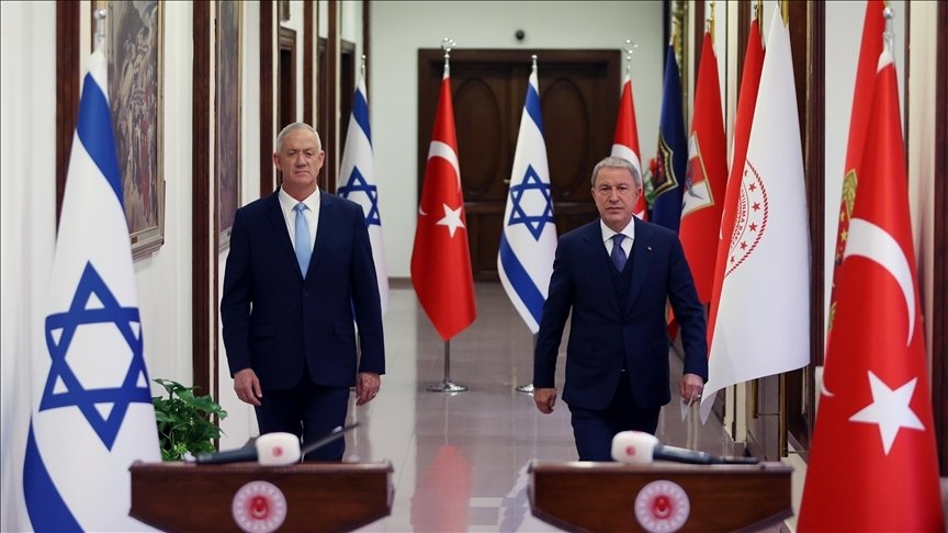 Defense Minister Hulusi Akar (L) and his Israeli counterpart Benjamin Gantz meet in the capital Ankara, Türkiye, Oct. 28, 2022. (AA Photo)