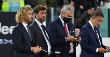 Juventus President Andrea Agnelli and Pavel Nedved, vice chairperson of the board of directors, before the match at the Allianz Stadium, Turin, Italy, Sept. 19, 2021. (Reuters Photo)