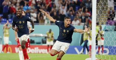 France&#039;s Kylian Mbappe celebrates scoring their second goal during the France versus Denmark match at Stadium 974, Doha, Qatar, Nov. 26, 2022. (Reuters Photo)