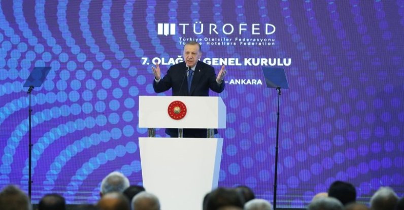 President Recep Tayyip Erdoğan speaks during the 7th Ordinary General Assembly of the Turkish Hoteliers Federation (TÜROFED) in the capital Ankara, Türkiye, Nov. 29, 2022. (DHA Photo)