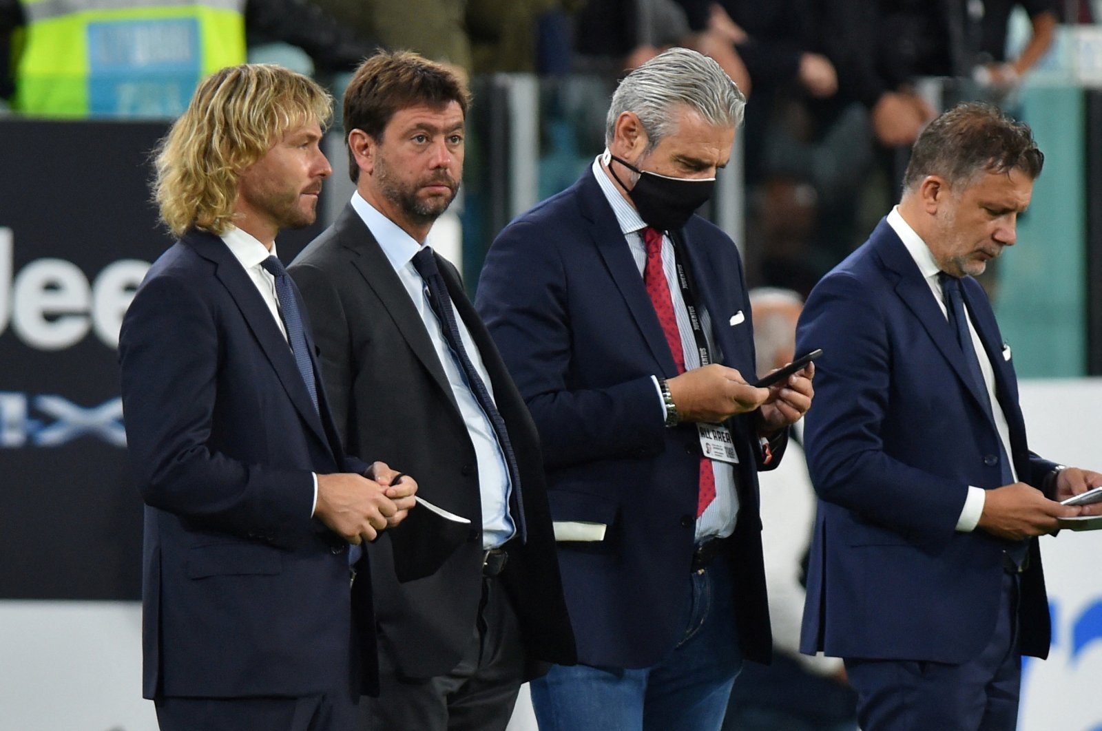 Juventus President Andrea Agnelli and Pavel Nedved, vice chairperson of the board of directors, before the match at the Allianz Stadium, Turin, Italy, Sept. 19, 2021. (Reuters Photo)