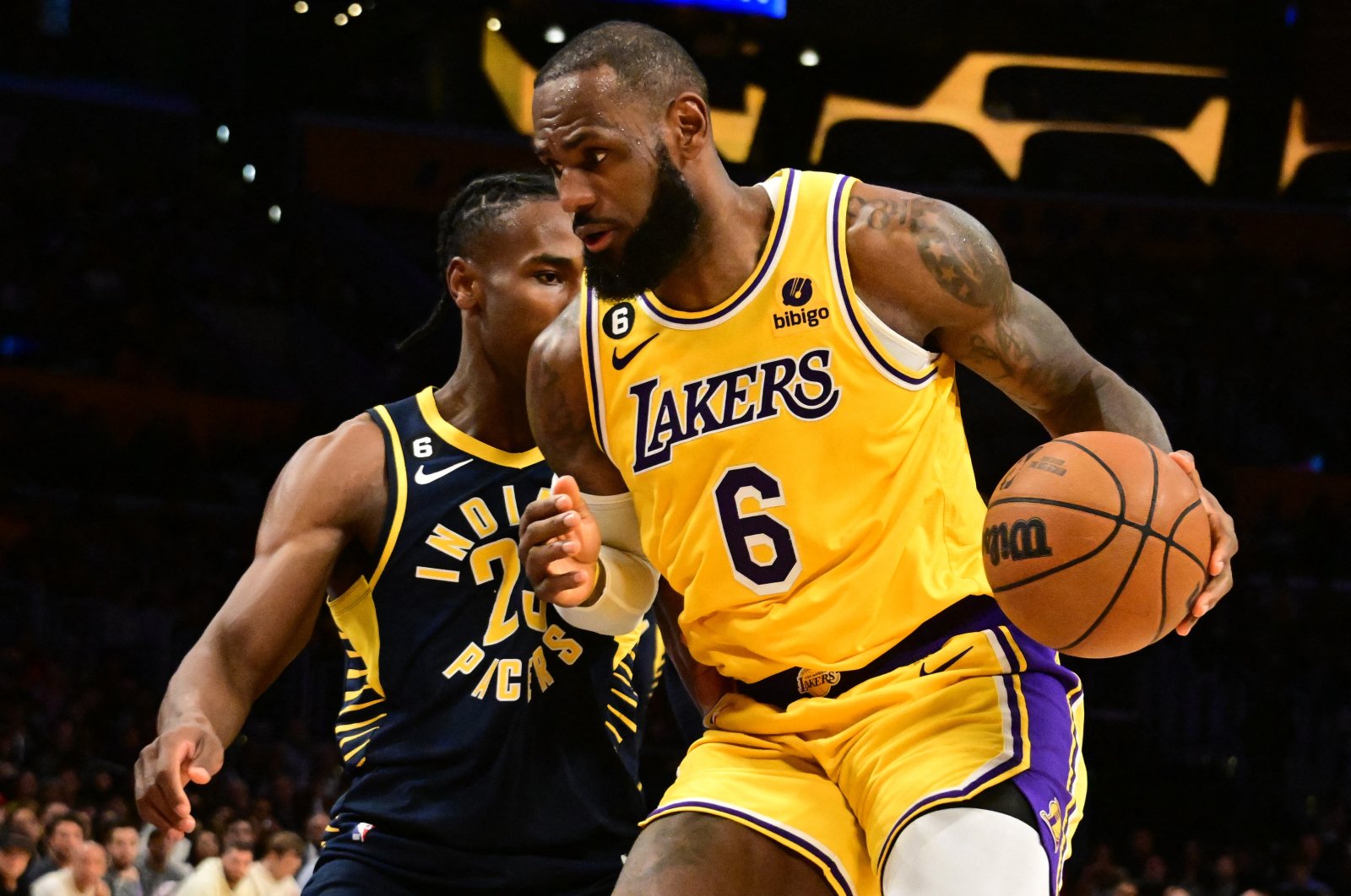 Indiana Pacers forward Aaron Nesmith (23) defends against Los Angeles Lakers forward LeBron James (6) in the second half at Crypto.com Arena, Nov. 28, 2022, Los Angeles, U.S. (Photo by Richard Mackson-USA TODAY Sports)