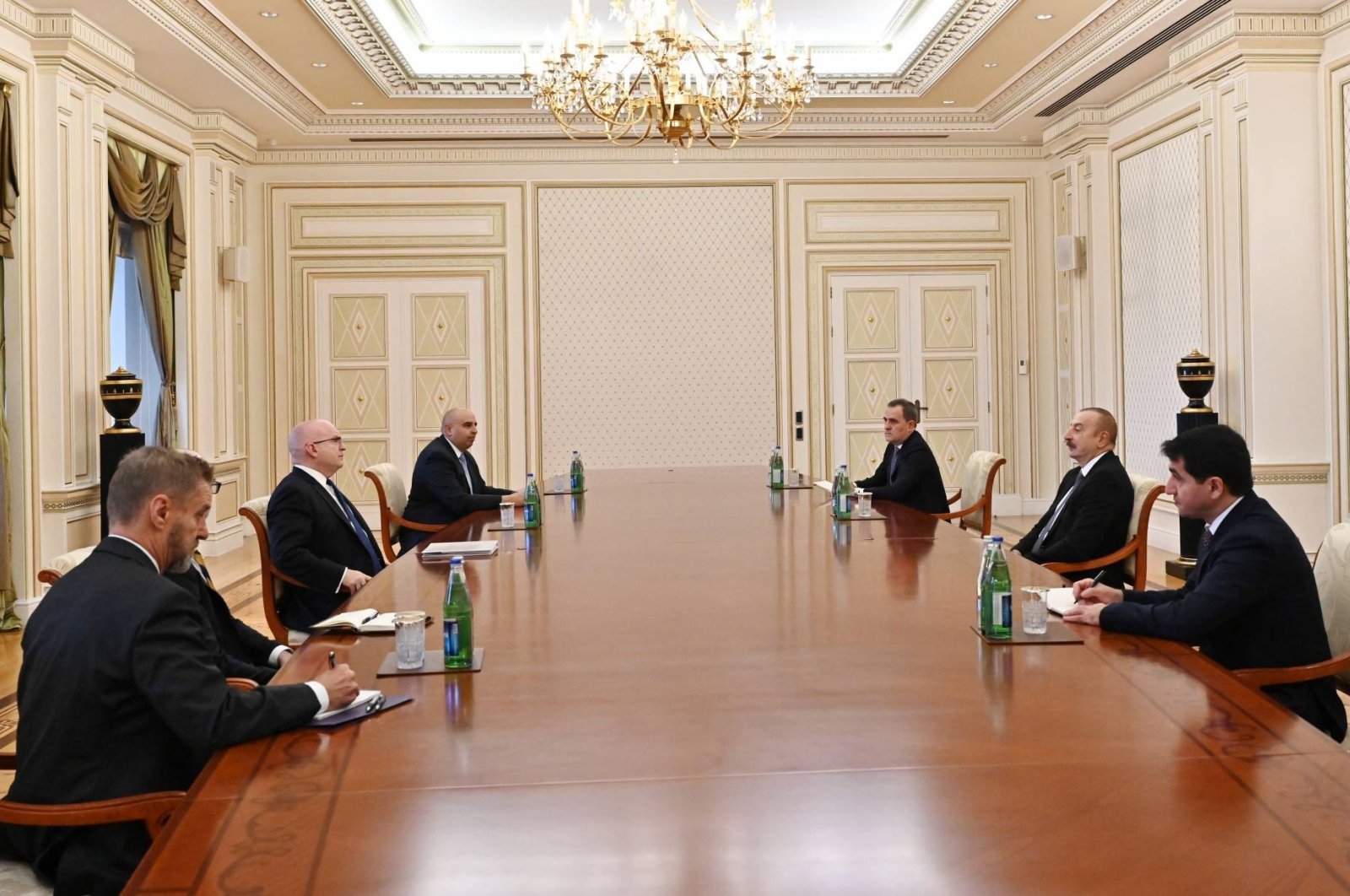 Azerbaijani President Ilham Aliyev and the U.S. senior advisor for Caucasus negotiations Philip Reeker hold a meeting in the Azerbaijani capital Baku, Nov. 28, 2022. (IHA Photo)