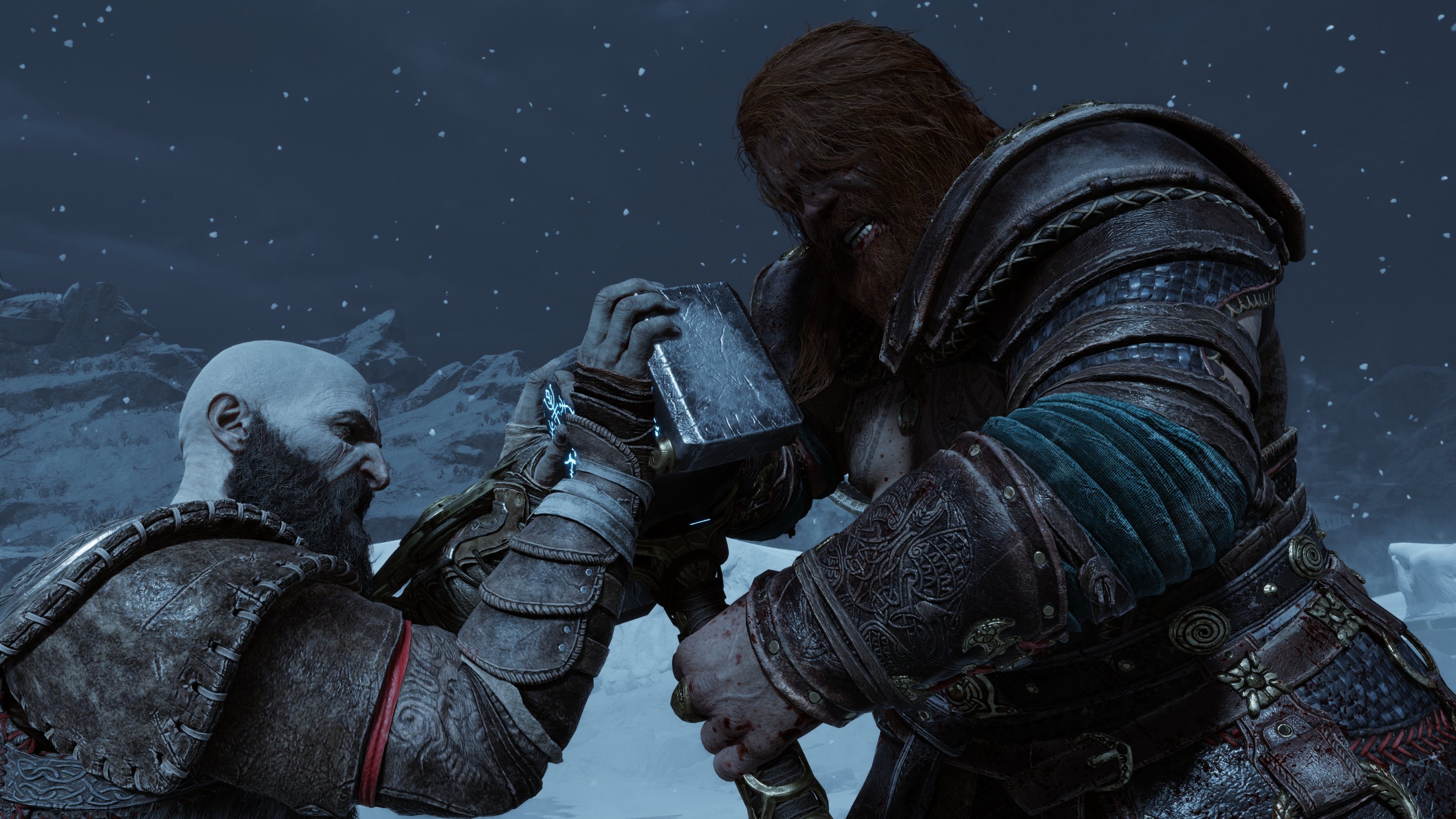 Kratos (Kiri) melawan dewa Norse Thor, dalam sebuah adegan dari game 