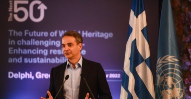 Greek Prime minister Kyriakos Mitsotakis speaks during a conference marking the 50th anniversary of the UNESCO World Heritage Convention in Delphi on Nov.17, 2022. (AFP File Photo)