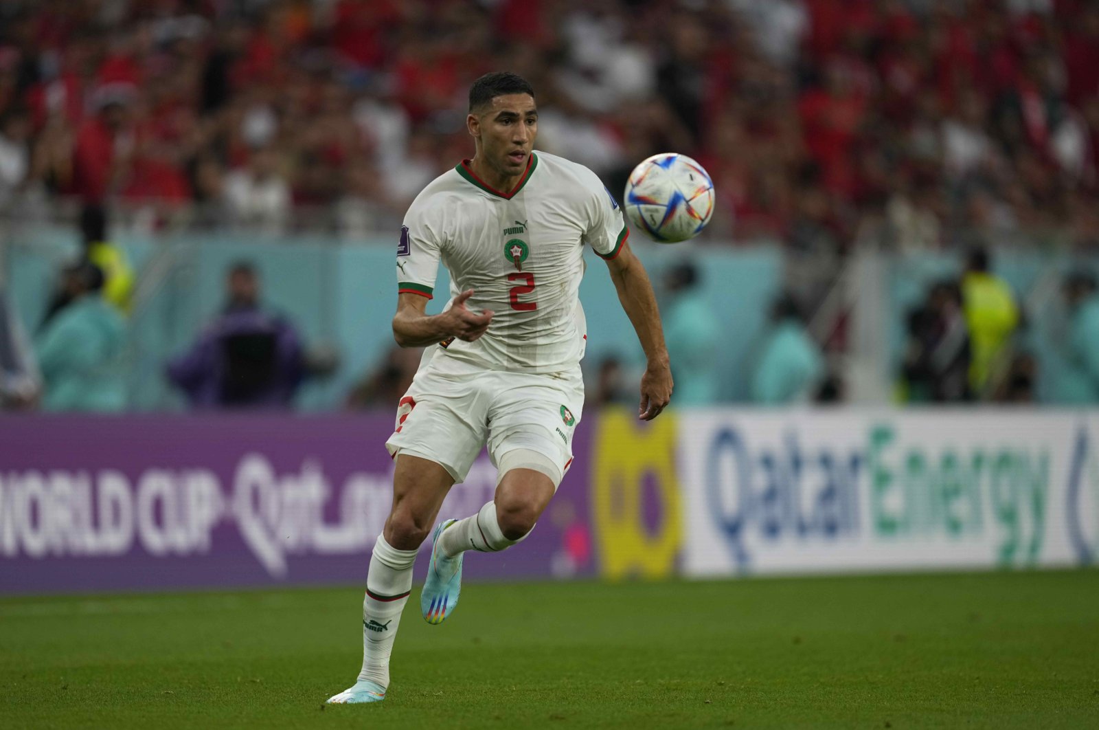Morocco&#039;s Achraf Hakimi controls the ball during the FIFA World Cup Qatar 2022 Group F match between Belgium and Morocco at Al Thumama Stadium, Doha, Qatar, Nov. 27, 2022. (Getty Images Photo)