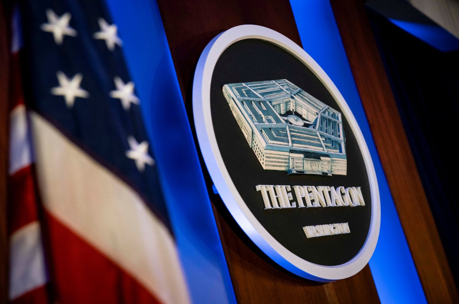 The Pentagon logo is seen behind the podium in the briefing room at the Pentagon in Arlington, Va., U.S., Jan. 8, 2020. (Reuters Photo)