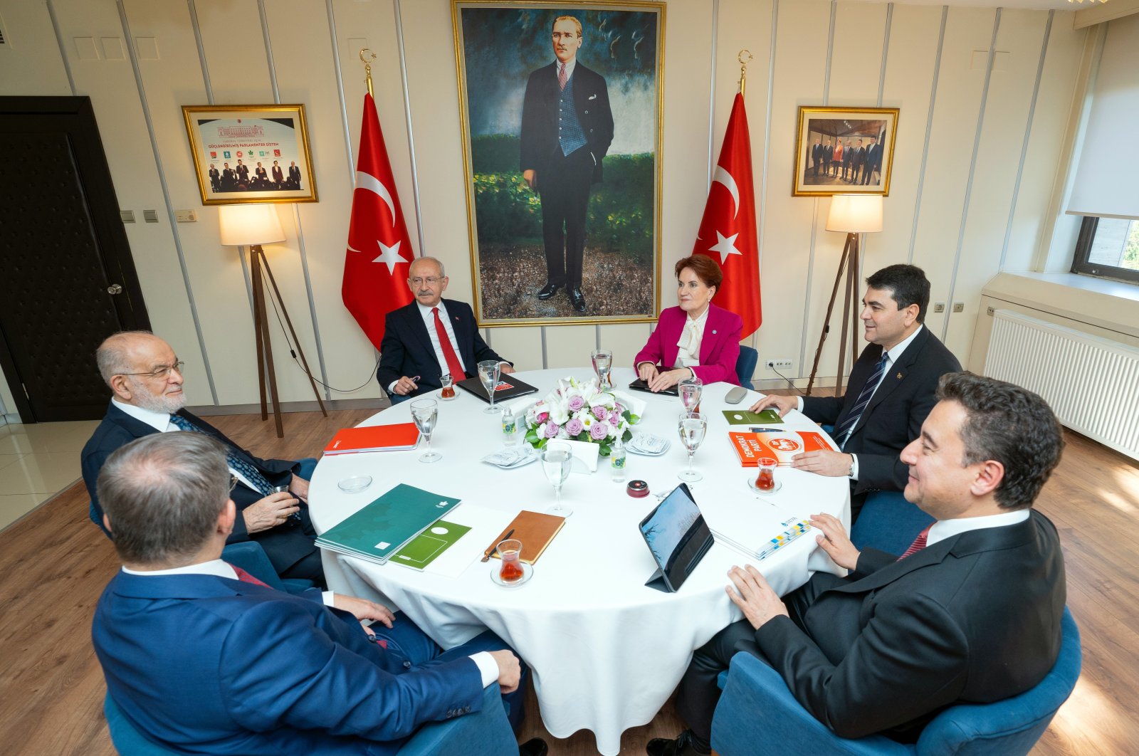 The chairpersons of the political parties in the opposition bloc – known as the “table for six” – attend a meeting at the headquarters of the Democrat Party (DP) in the capital Ankara, Türkiye, Nov. 28, 2022. (IHA Photo)