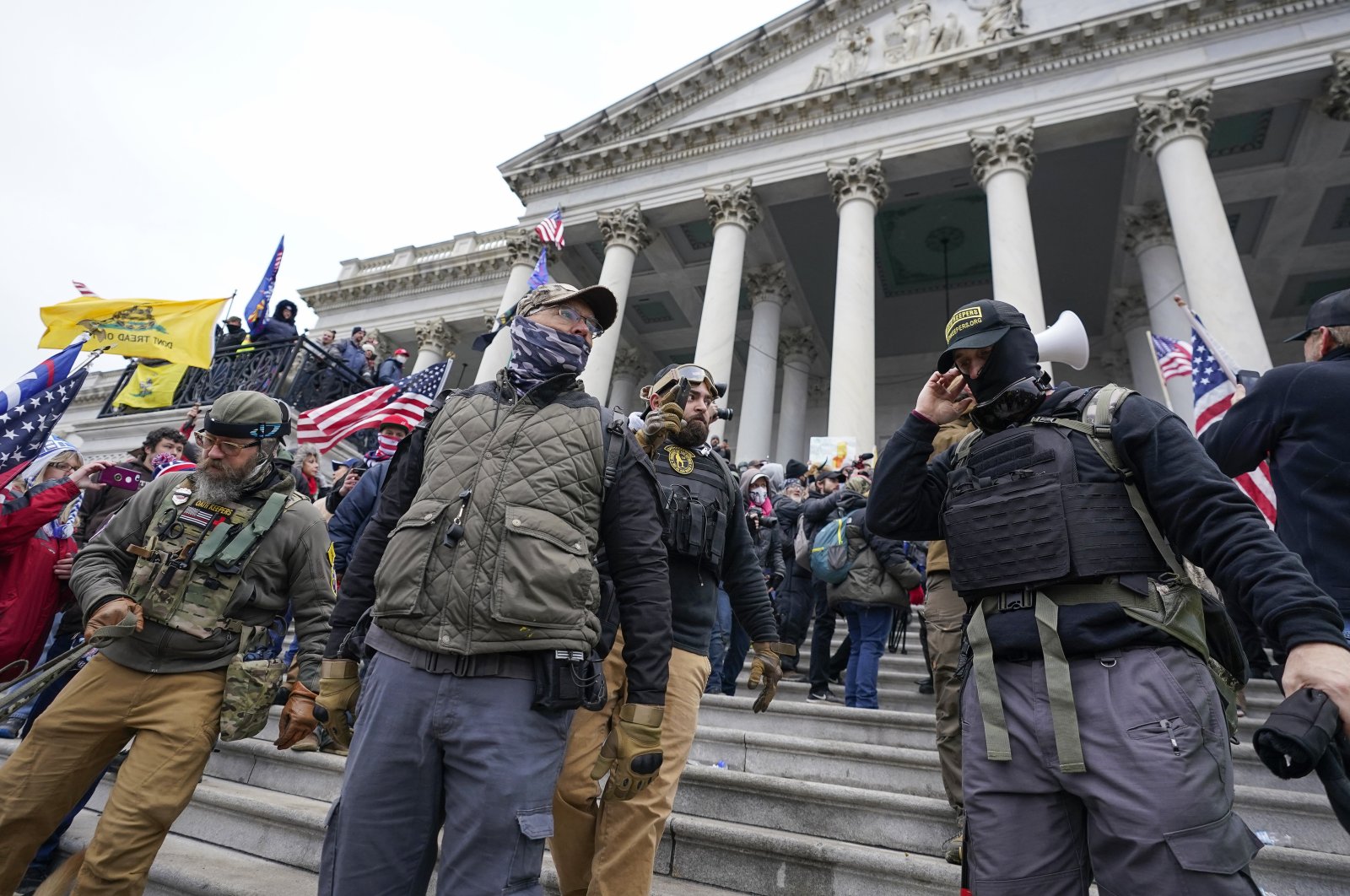 Members of the Oath Keepers on the East Front of the U.S. Capitol, Washington, U.S., Jan. 6, 2021. (AP Photo)