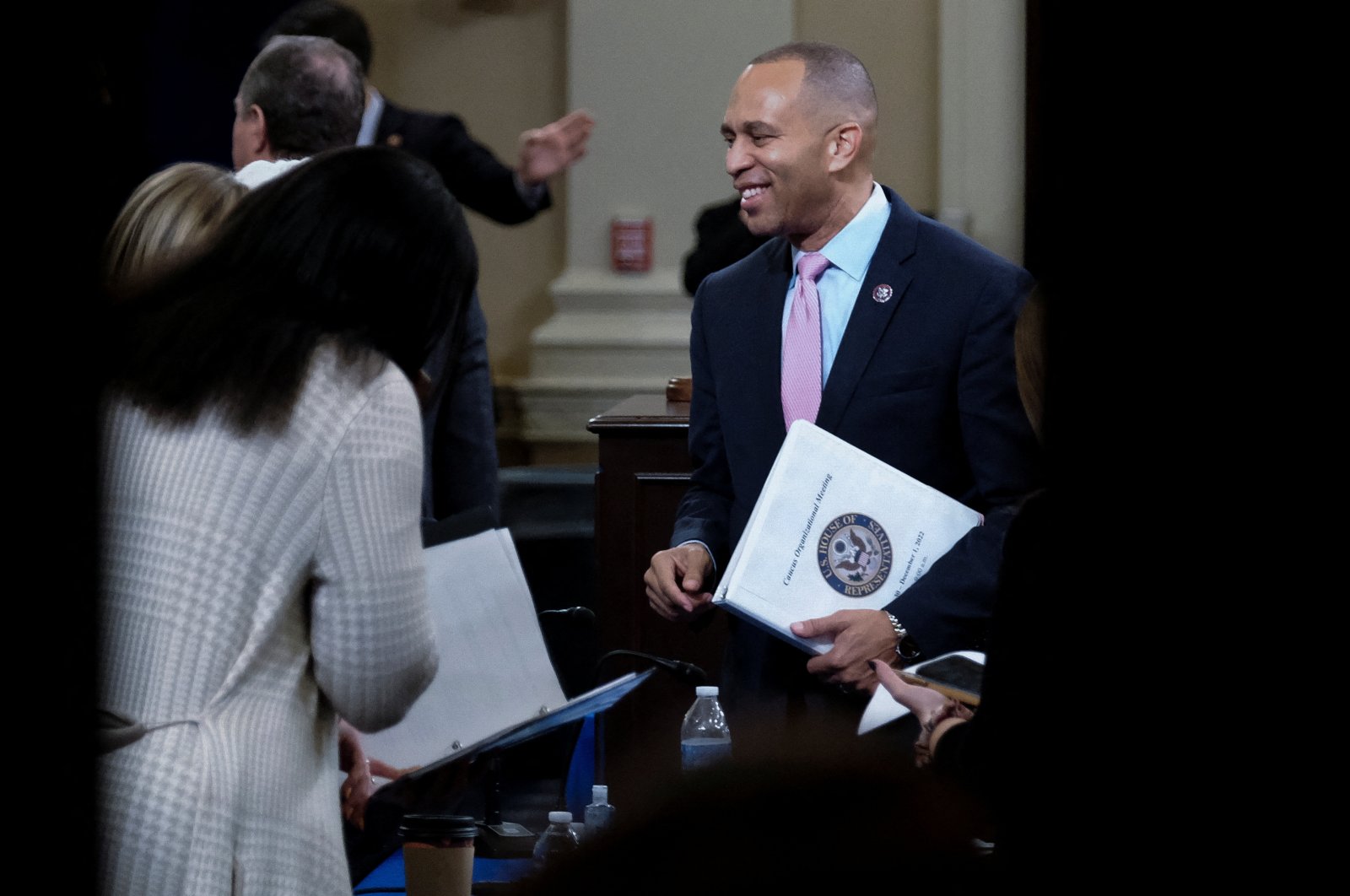 U.S. Rep. Hakeem Jeffries is seen through a doorway as he talks with other members of Congress inside the room of the House Democratic leadership elections on Capitol Hill in Washington, U.S., Nov. 30, 2022. (Reuters Photo)
