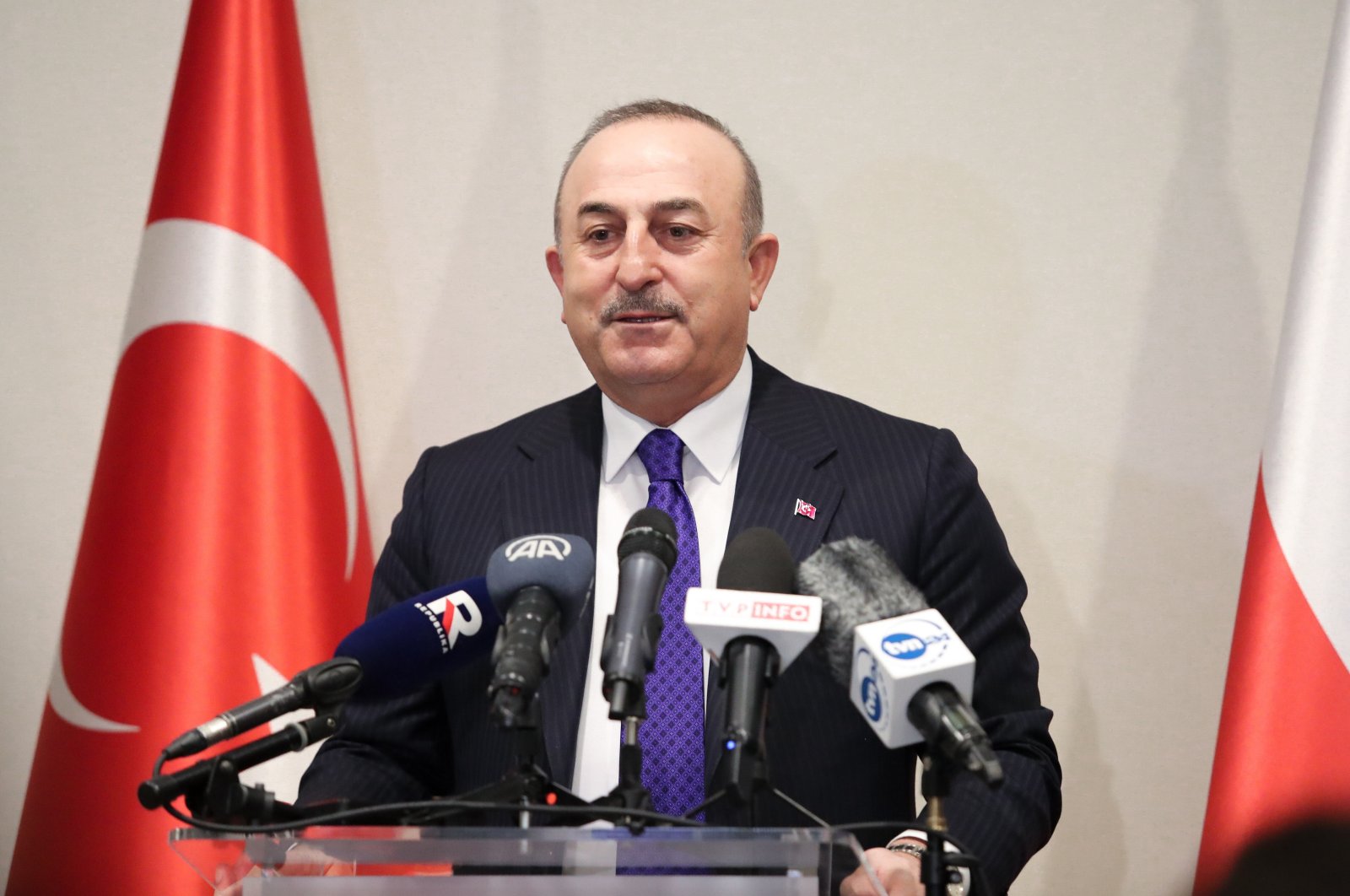 Foreign Minister Mevlüt Çavuşoğlu speaks during the opening ceremony of the Honorary Consulate of the Republic of Turkey in Lodz, Poland, Nov. 30, 2022. (EPA Photo)