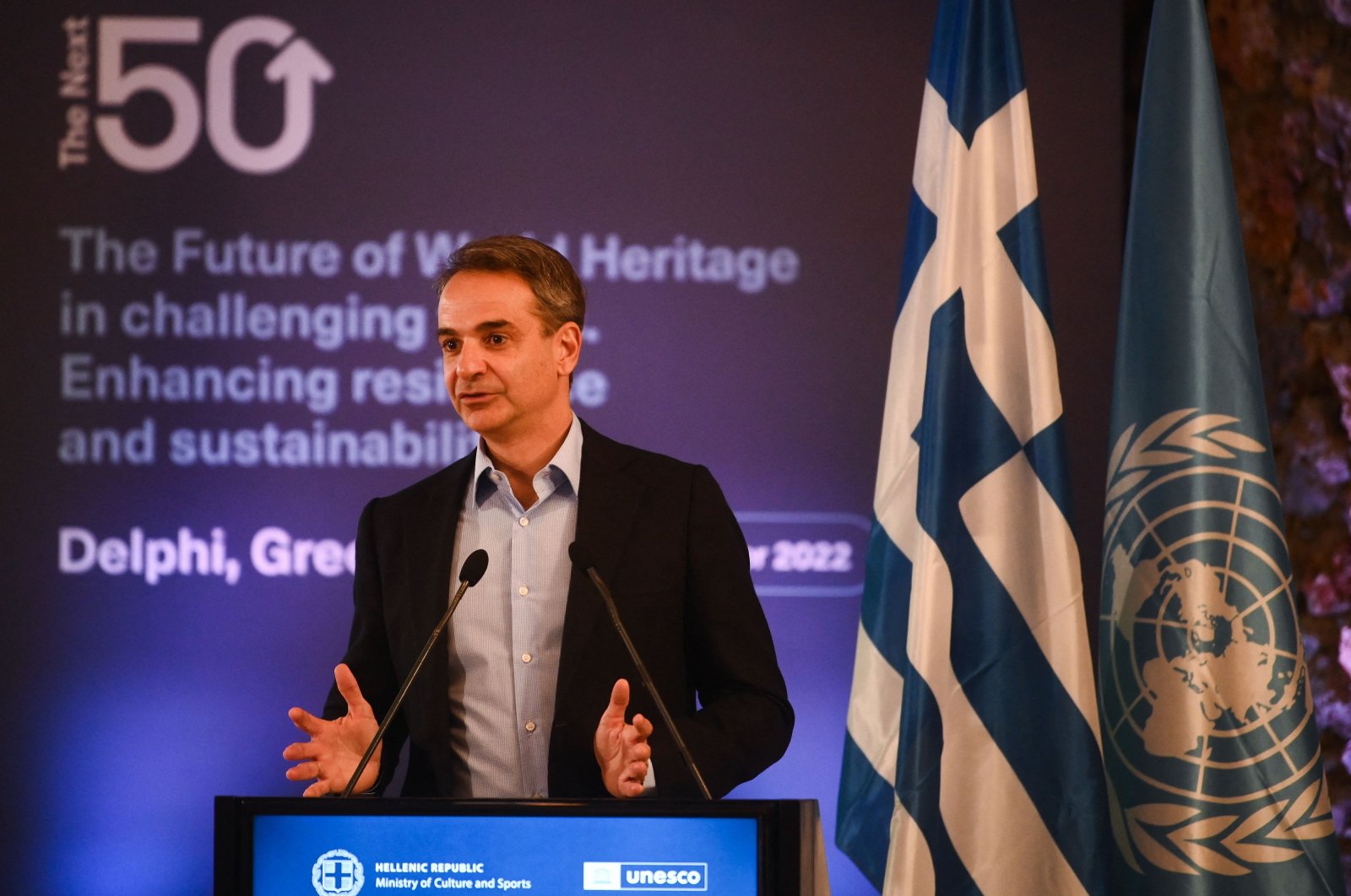 Greek Prime minister Kyriakos Mitsotakis speaks during a conference marking the 50th anniversary of the UNESCO World Heritage Convention in Delphi on Nov.17, 2022. (AFP File Photo)