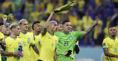 Brazil&#039;s Richarlison and Ederson celebrate after Brazil versus Switzerland match at Stadium 974, Doha, Qatar, Nov. 28, 2022. (Reuters Photo)