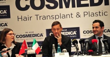 Francesco Totti and Levent Acar are seen during the conference, Istanbul, Türkiye, Dec. 1, 2022. (DHA Photo)
