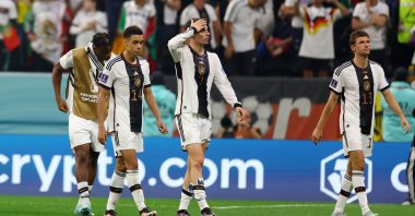 Germany&#039;s Jamal Musiala, Kai Havertz and Thomas Muller look dejected as Germany are eliminated from the World Cup after their Group E match against Costa Rica at the Al Bayt Stadium in Al Khor, Qatar, Dec. 1, 2022. (Reuters Photo)