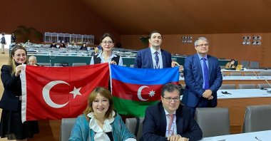 Türkiye's permanent representative to UNESCO Ambassador Gülnur Aybet (L) and Azerbaijan's permanent representative to UNESCO Ambassador Elman Abdullayev are seen during the UNESCO meeting, Rabat, Morocco, Dec. 1, 2022. (AA Photo)