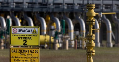 Warning signs are pictured in front of the gas compressor station, a part of the Polish section of the Yamal pipeline that links Russia with Western Europe, in Gabinek near Wloclawek, Poland, May 23, 2022. (Reuters Photo)