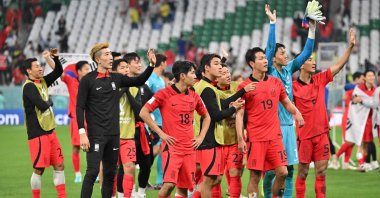 South Korea's players celebrate at the end of the Qatar 2022 World Cup Group H football match between South Korea and Portugal at the Education City Stadium in Al-Rayyan, west of Doha, Qatar, Dec. 2, 2022. (AFP Photo)