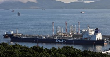 An aerial view shows the Vladimir Arsenyev tanker at the crude oil terminal Kozmino on the shore of Nakhodka Bay near the port city of Nakhodka, Russia, Aug. 12, 2022. (Reuters Photo)