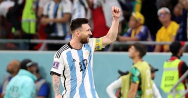 Lionel Messi of Argentina reacts after scoring the 1-0 during the FIFA World Cup 2022 round of 16 football between Argentina and Australia at Ahmad bin Ali Stadium in Doha, Qatar, Dec. 3, 2022. (EPA Photo)