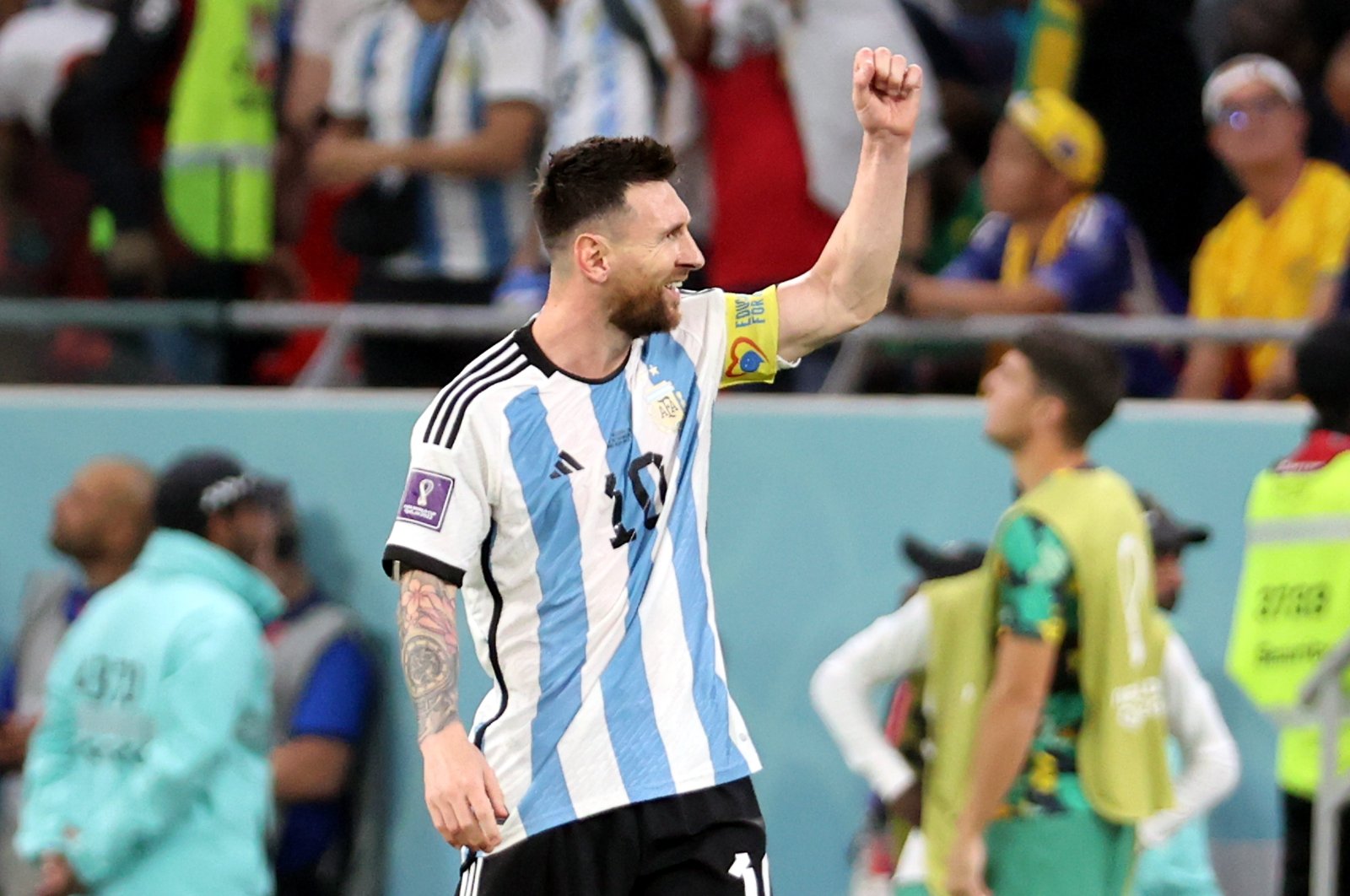 Lionel Messi of Argentina reacts after scoring the 1-0 during the FIFA World Cup 2022 round of 16 football between Argentina and Australia at Ahmad bin Ali Stadium in Doha, Qatar, Dec. 3, 2022. (EPA Photo)