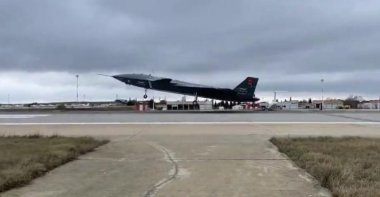 The National Unmanned Combat Aerial Vehicle System, named Kızılelma, is seen briefly taking off at an air base, in Tekirdağ, northwestern Türkiye, Dec. 3, 2022. (AA Photo)