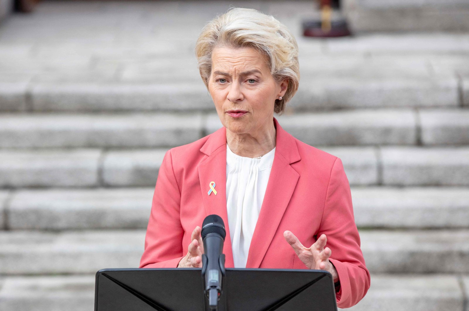 European Commission President Ursula von der Leyen speaks to the press ahead of a meeting with Ireland&#039;s prime minister in Dublin on Dec. 1, 2022. (AFP Photo)