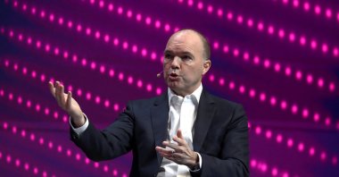 Nick Read, CEO of Vodafone, gestures as he speaks during the Mobile World Congress in Barcelona, Spain, Feb. 25, 2019.  (Reuters Photo)