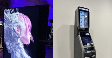 Combination of photos shows Brooklyn art collective&#039;s ATM in Art Basel (R) and “Interlaced" by Beryl Bilici, Florida, U.S., Dec. 1, 2022. (Photos by Funda Karayel)