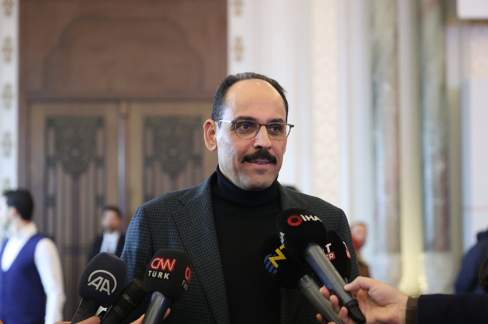 Türkiye&#039;s Presidential Spokesperson Ibrahim Kalin answers questions from reporters at the PenFest event held at the Çırağan Palace in Istanbul, Türkiye, Nov. 26, 2022. (AA Photo)