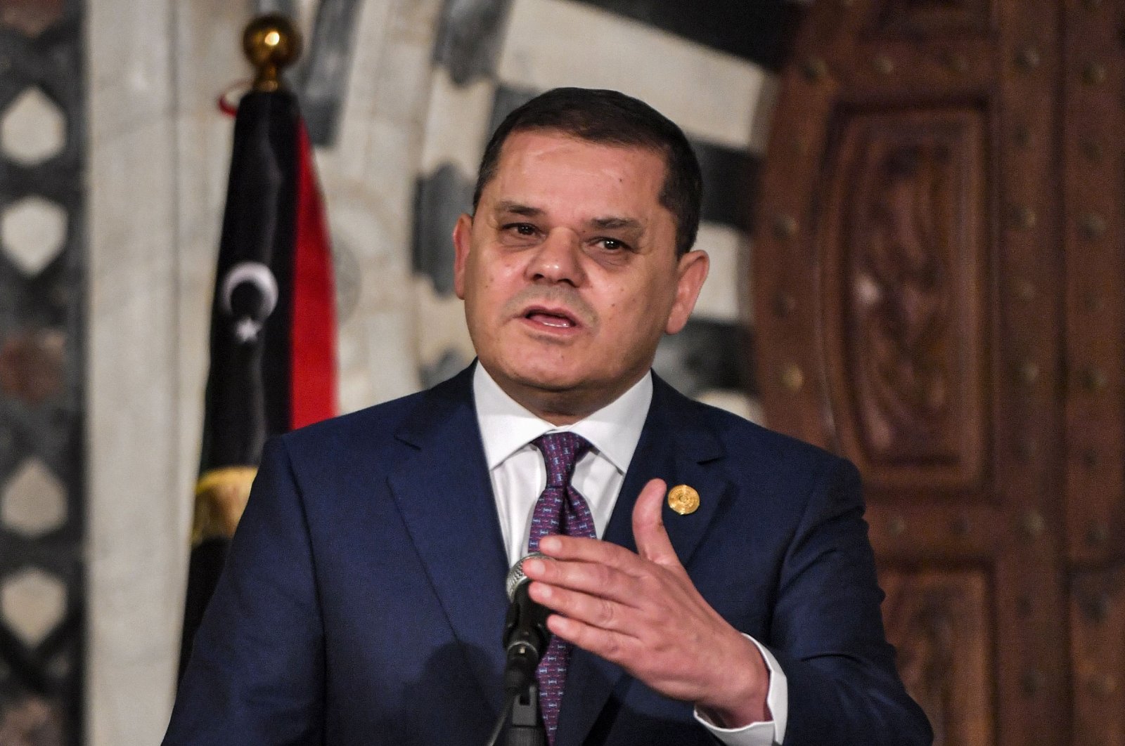 Libya&#039;s Tripoli-based Prime Minister Abdul Hamid Dbeibah gives a joint press conference with his Tunisian counterpart in Tunisia&#039;s capital Tunis, Nov. 30, 2022. (AFP Photo)