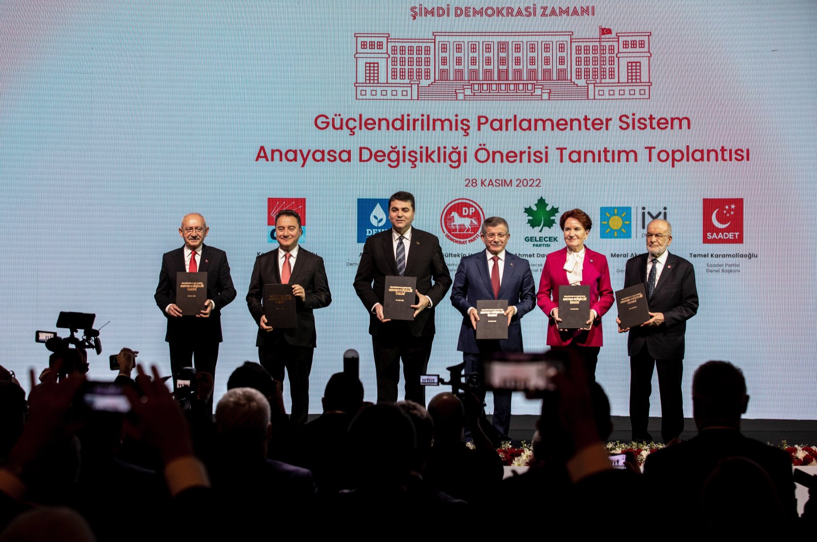 The chairpersons of the political parties in the opposition bloc – known as the “table for six” – pose as they take part in the Introduction Meeting of the Strengthened Parliamentary System Constitutional Amendment Proposal. (Getty Images Photo)