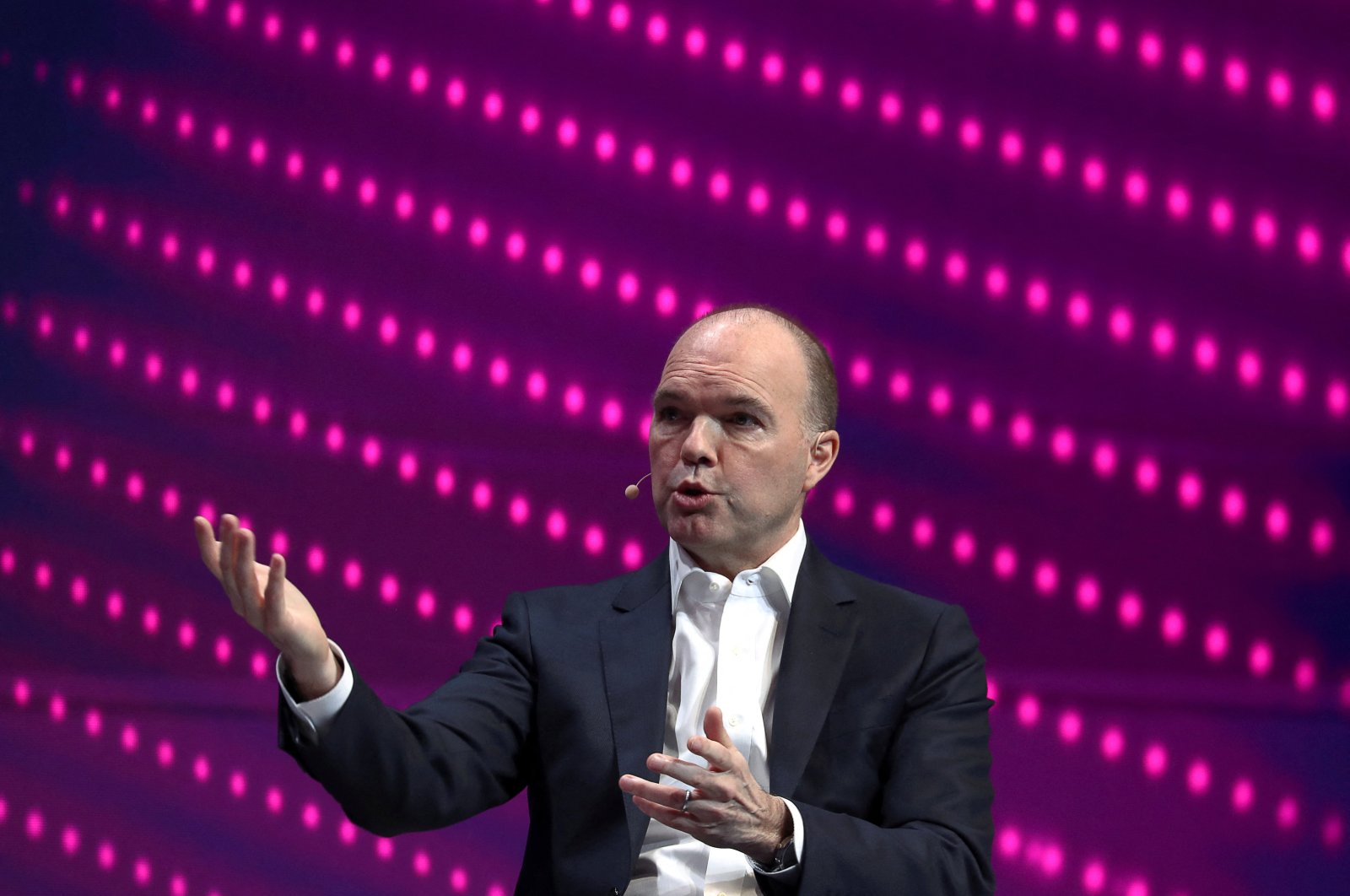 Nick Read, CEO of Vodafone, gestures as he speaks during the Mobile World Congress in Barcelona, Spain, Feb. 25, 2019.  (Reuters Photo)