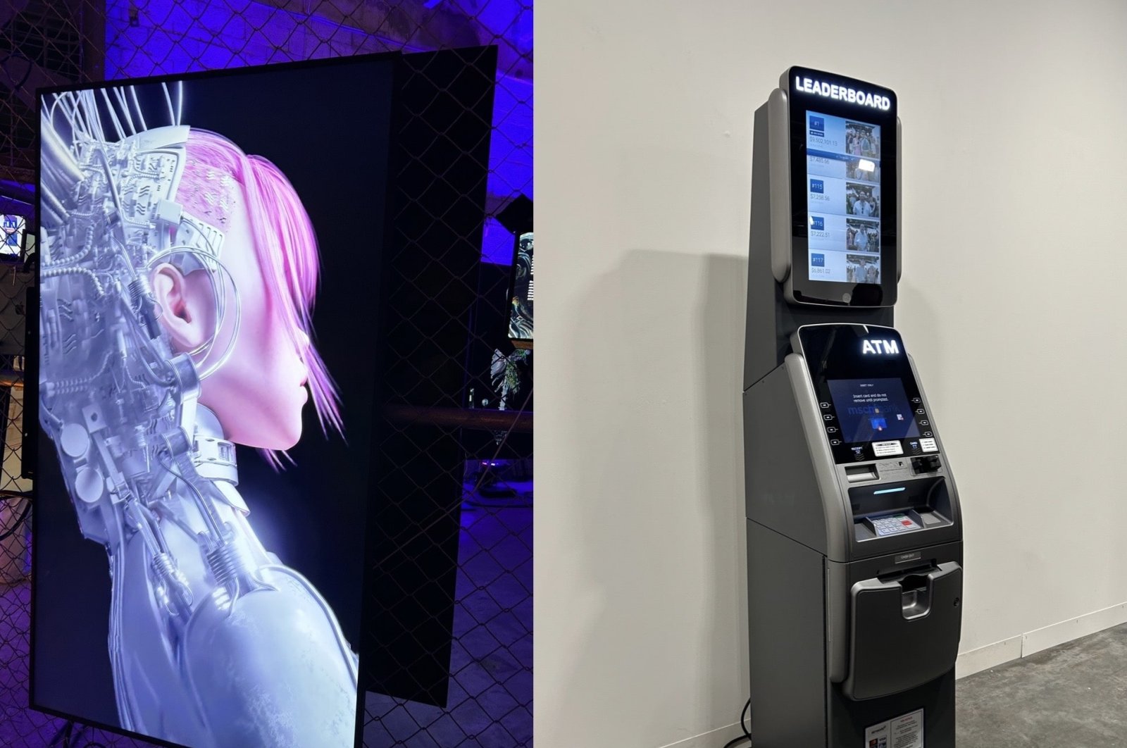 Combination of photos shows Brooklyn art collective&#039;s ATM in Art Basel (R) and “Interlaced" by Beryl Bilici, Florida, U.S., Dec. 1, 2022. (Photos by Funda Karayel)
