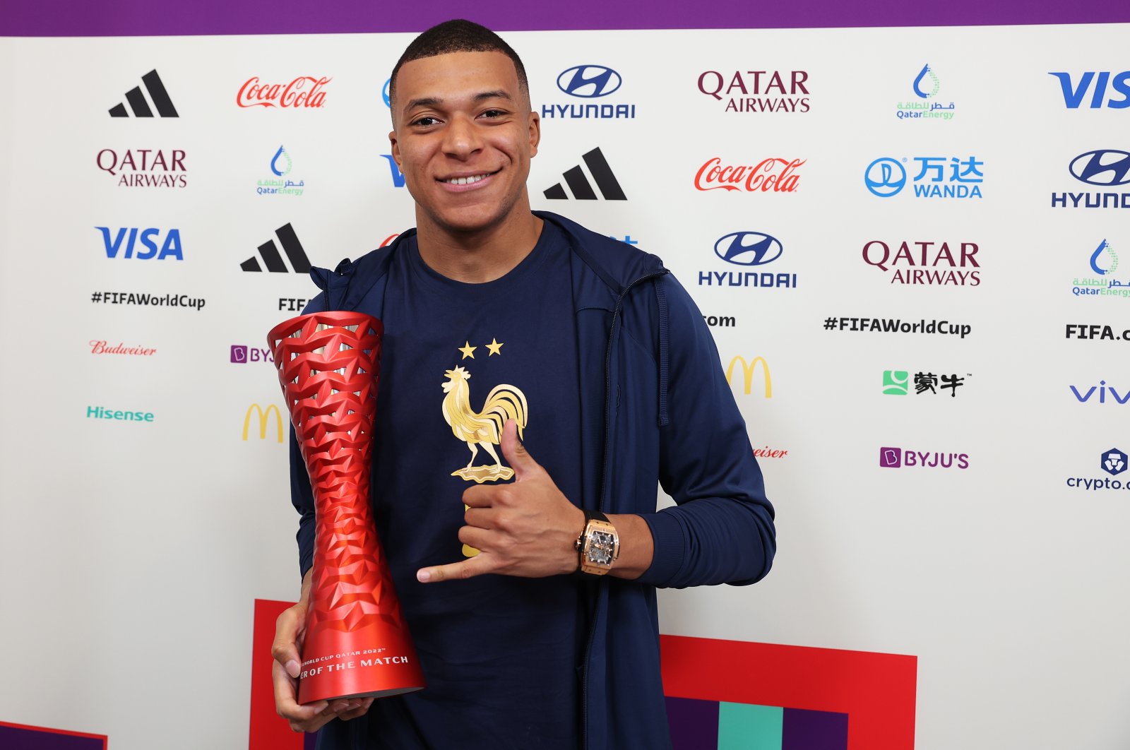 France&#039;s Kylian Mbappe poses with the Budweiser Player of the Match Trophy following the FIFA World Cup Qatar 2022 Group D match between France and Australia at Al Janoub Stadium, Al Wakrah, Qatar, Nov. 22, 2022. (Getty Images Photo)