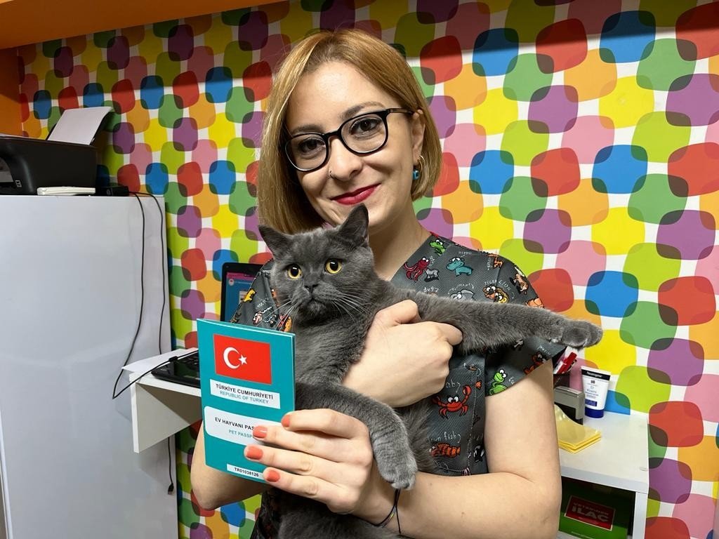 Vet Ümmühan Deniz holds a cat implanted with a microchip and his &quot;passport,&quot; in Eskişehir, central Türkiye, Dec. 6, 2022. (İHA Photo) 
