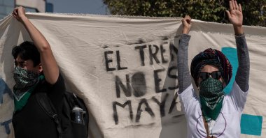 National, international and Yucatan Peninsula civil organizations protest against the Maya Train megaproject at the Paseo de la Reforma avenue in Mexico City, Mexico, Nov. 23, 2022. (AFP Photo)