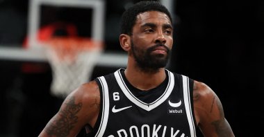 Nets Kyrie Irving looks on against the Wizards during an NBA game, New York, U.S., Dec. 5, 2022. (AFP Photo)