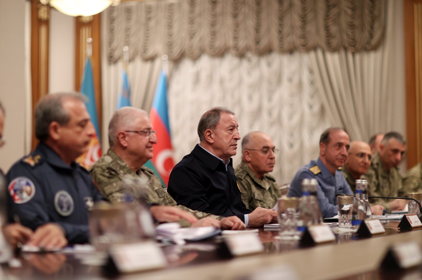 Defense Minister Hulusi Akar (3rd L) is seen with high-level military officials at Azerbaijan&#039;s Defense Ministry in Baku, Azerbaijan, Dec. 5, 2022. (AA Photo)
