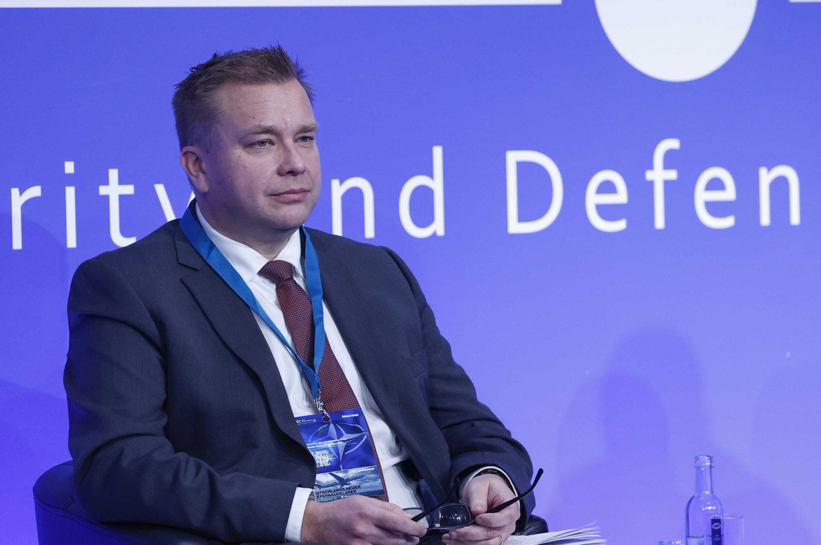 Finland’s Defense Minister Antti Kaikkonen is speaking at the Berlin Security Conference in Germany&#039;s capital, Dec. 1, 2022. (AA Photo)